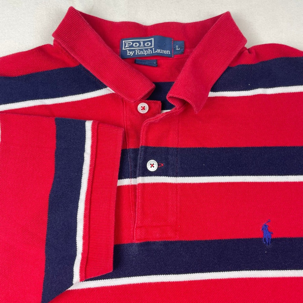 Polo Ralph Lauren Mens Large Red Navy Blue Striped Short Sleeve Pique Polo Shirt